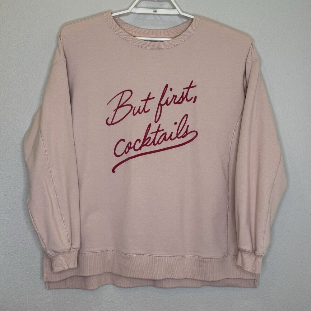 Wildfox But First Cocktails Womens Sweatshirt Sz Large Pink Oversized Side Slits